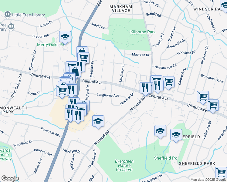 map of restaurants, bars, coffee shops, grocery stores, and more near 4032 Sheridan Drive in Charlotte
