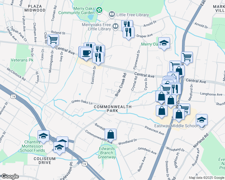 map of restaurants, bars, coffee shops, grocery stores, and more near 1445 Briar Creek Road in Charlotte