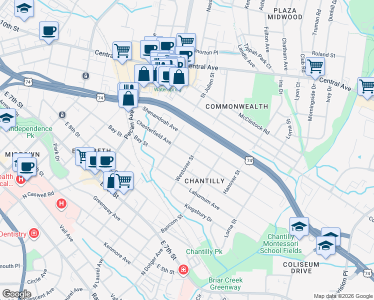 map of restaurants, bars, coffee shops, grocery stores, and more near 2301 Chesterfield Avenue in Charlotte