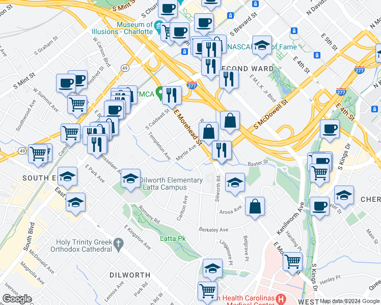 map of restaurants, bars, coffee shops, grocery stores, and more near 1101 Myrtle Avenue in Charlotte
