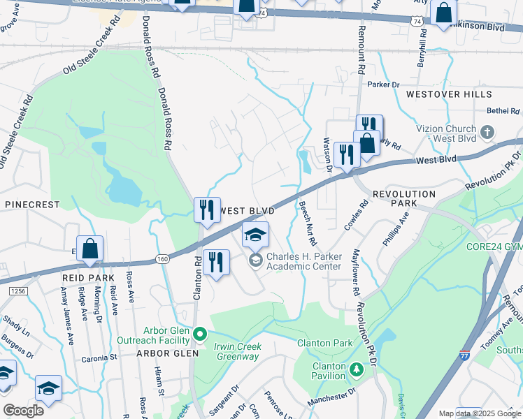 map of restaurants, bars, coffee shops, grocery stores, and more near 1901 West Boulevard in Charlotte
