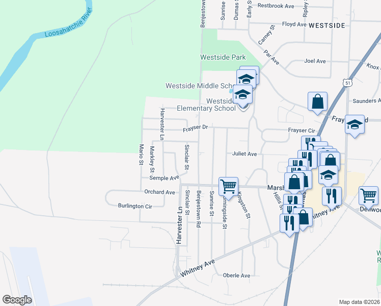 map of restaurants, bars, coffee shops, grocery stores, and more near 3242 Sinclair Street in Memphis