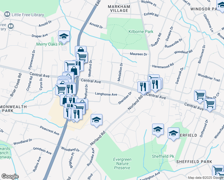 map of restaurants, bars, coffee shops, grocery stores, and more near 4032 Sheridan Drive in Charlotte