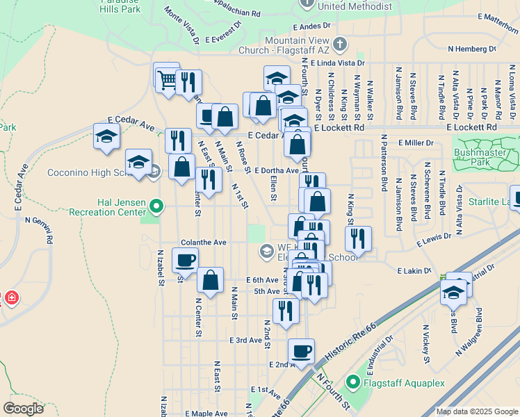 map of restaurants, bars, coffee shops, grocery stores, and more near 2627 North Rose Street in Flagstaff