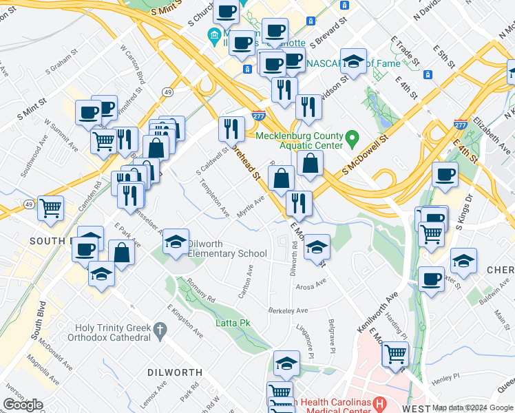 map of restaurants, bars, coffee shops, grocery stores, and more near in Charlotte