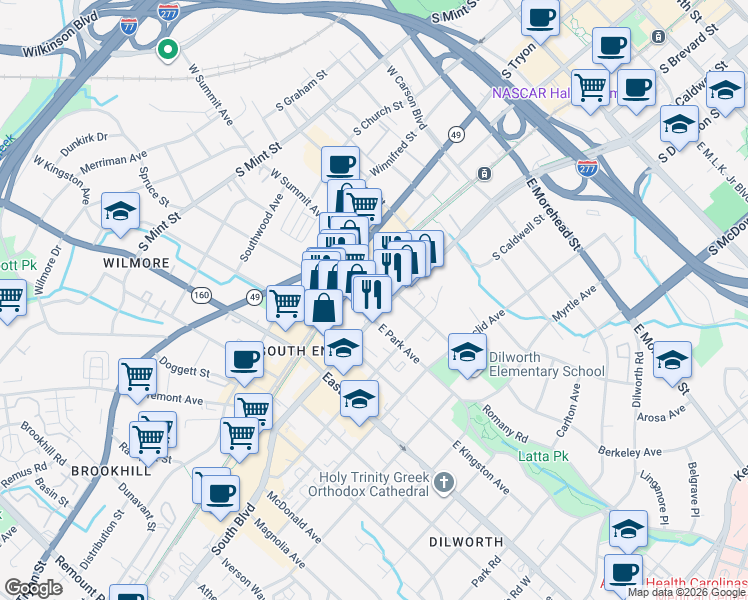map of restaurants, bars, coffee shops, grocery stores, and more near 131 East Park Avenue in Charlotte