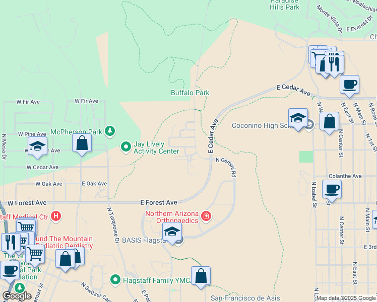 map of restaurants, bars, coffee shops, grocery stores, and more near 2225 North Gemini Road in Flagstaff