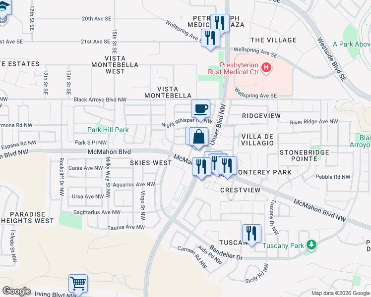 map of restaurants, bars, coffee shops, grocery stores, and more near 5751 McMahon Boulevard Northwest in Albuquerque