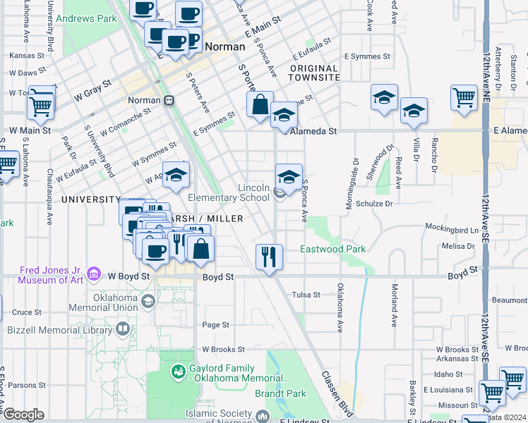 map of restaurants, bars, coffee shops, grocery stores, and more near 915 Miller Avenue in Norman