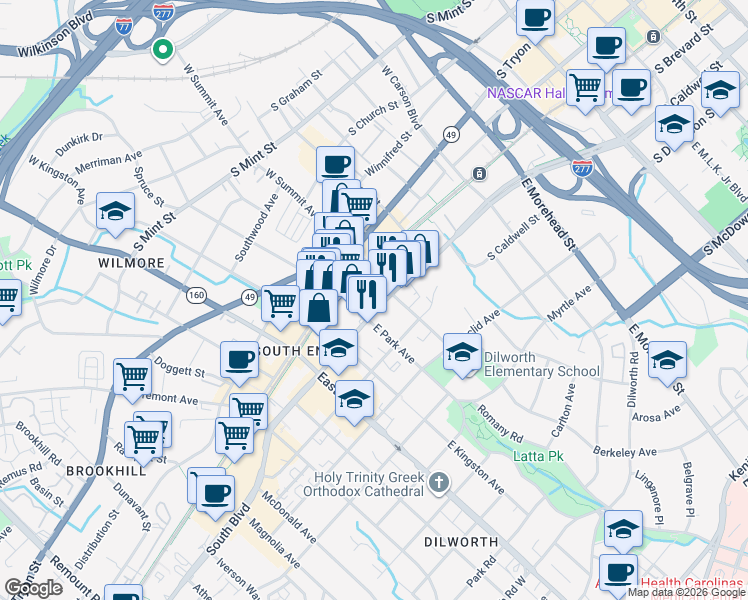 map of restaurants, bars, coffee shops, grocery stores, and more near 199 East Park Avenue in Charlotte