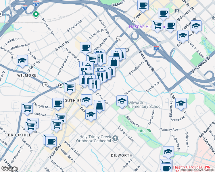 map of restaurants, bars, coffee shops, grocery stores, and more near 1432 Cleveland Avenue in Charlotte