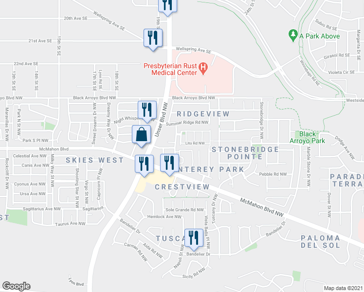 map of restaurants, bars, coffee shops, grocery stores, and more near 5624 Lito Road Northwest in Albuquerque