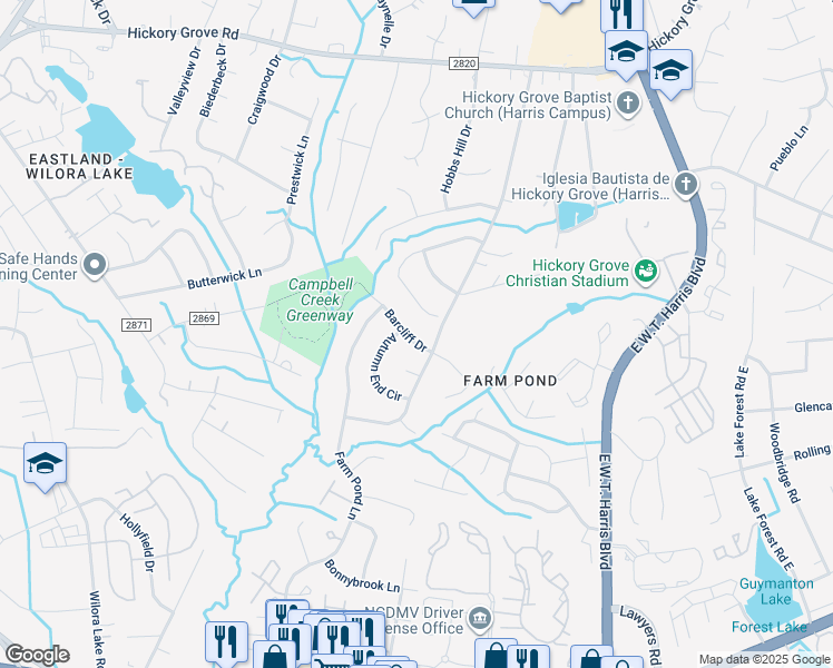 map of restaurants, bars, coffee shops, grocery stores, and more near 6820 Barcliff Drive in Charlotte