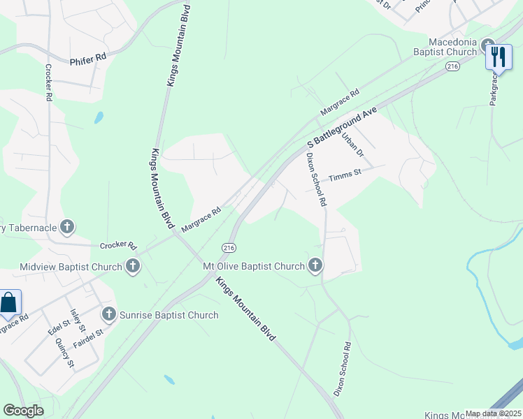 map of restaurants, bars, coffee shops, grocery stores, and more near 1325 South Battleground Avenue in Kings Mountain