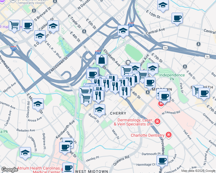 map of restaurants, bars, coffee shops, grocery stores, and more near 205 South Kings Drive in Charlotte