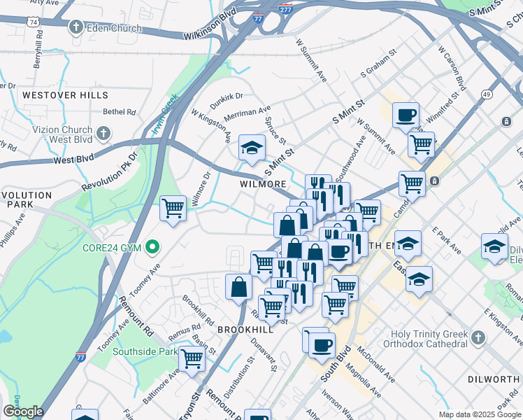 map of restaurants, bars, coffee shops, grocery stores, and more near 1924 South Mint Street in Charlotte