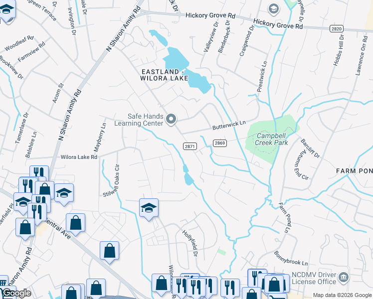 map of restaurants, bars, coffee shops, grocery stores, and more near 6234 Vernedale Road in Charlotte
