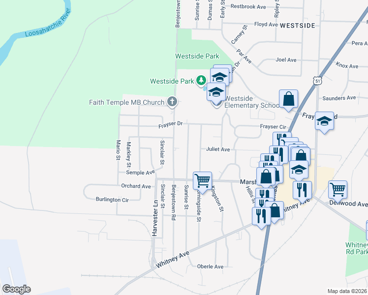 map of restaurants, bars, coffee shops, grocery stores, and more near 3240 Benjestown Road in Memphis