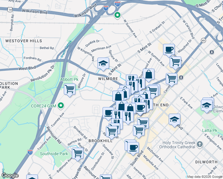map of restaurants, bars, coffee shops, grocery stores, and more near in Charlotte
