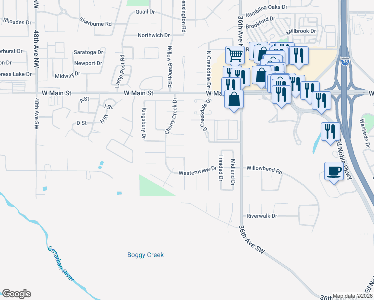 map of restaurants, bars, coffee shops, grocery stores, and more near 412 Boulder Court in Norman