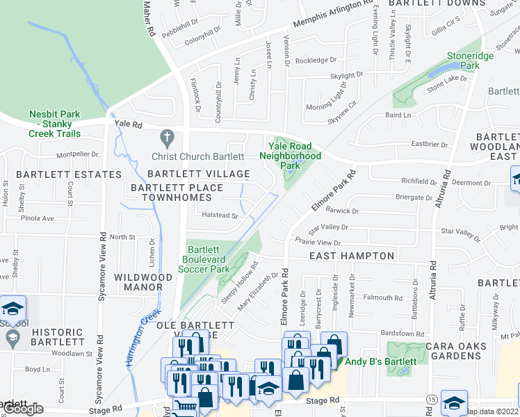 map of restaurants, bars, coffee shops, grocery stores, and more near 3272 Venson Drive in Bartlett
