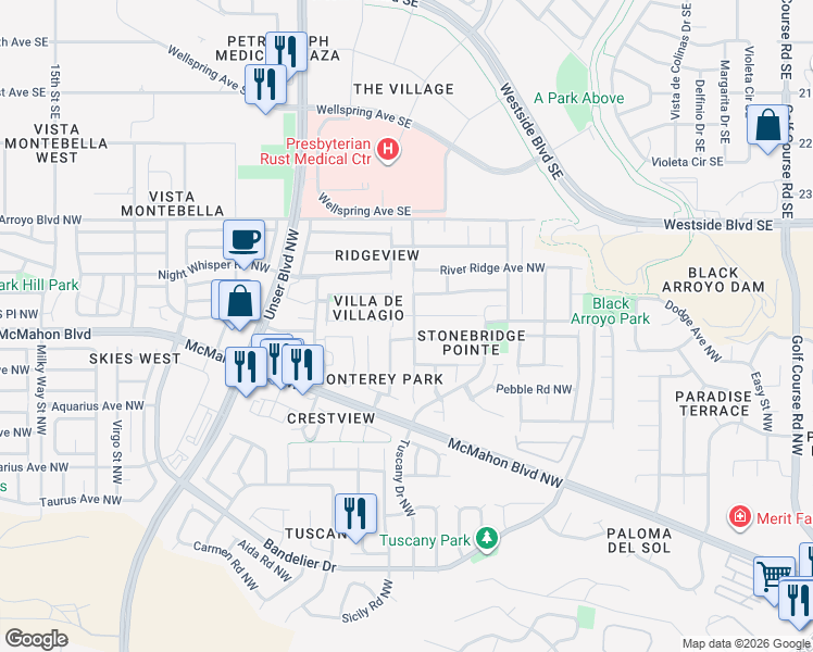 map of restaurants, bars, coffee shops, grocery stores, and more near 10827 Stonebrook Place Northwest in Albuquerque