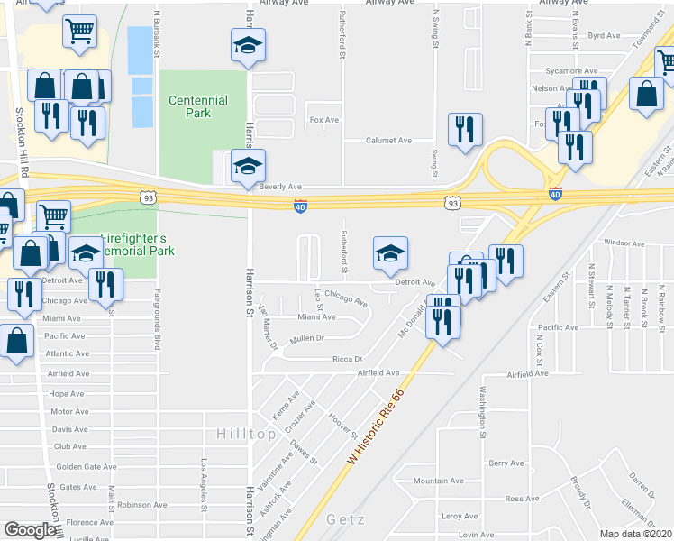 map of restaurants, bars, coffee shops, grocery stores, and more near 2451 Detroit Avenue in Kingman