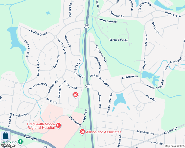 map of restaurants, bars, coffee shops, grocery stores, and more near 2 Juniper Creek Boulevard in Pinehurst