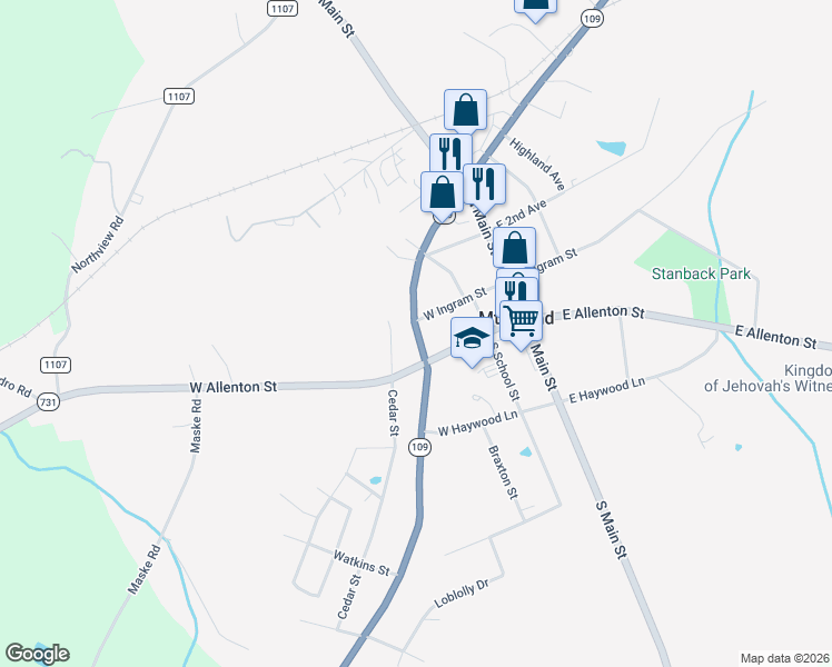 map of restaurants, bars, coffee shops, grocery stores, and more near 206 West Allenton Street in Mount Gilead