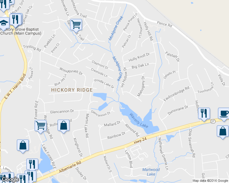 map of restaurants, bars, coffee shops, grocery stores, and more near 7401 Prindle Lake Drive in Charlotte
