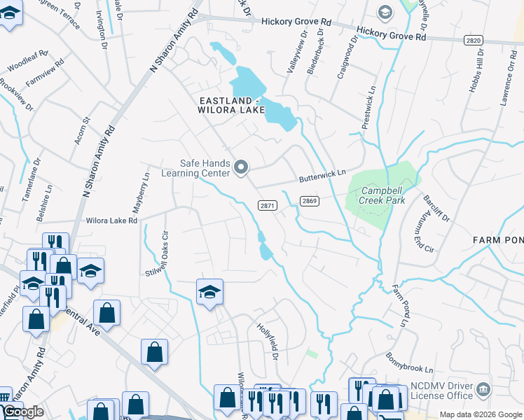 map of restaurants, bars, coffee shops, grocery stores, and more near 6234 Vernedale Road in Charlotte