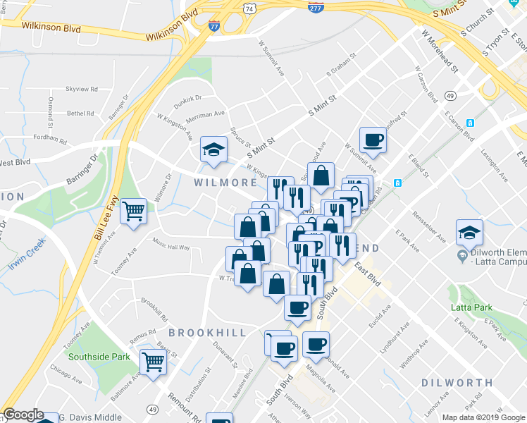 map of restaurants, bars, coffee shops, grocery stores, and more near 308 West Worthington Avenue in Charlotte