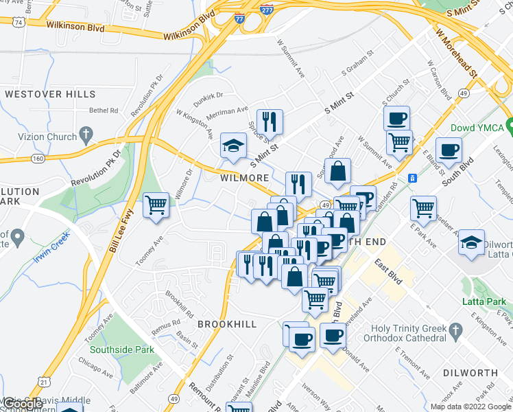 map of restaurants, bars, coffee shops, grocery stores, and more near 1904 Wilmore Walk Drive in Charlotte