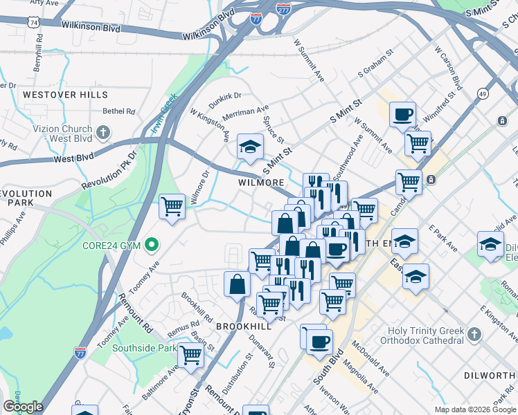 map of restaurants, bars, coffee shops, grocery stores, and more near 1924 South Mint Street in Charlotte