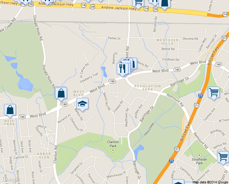 map of restaurants, bars, coffee shops, grocery stores, and more near 1747 West Boulevard in Charlotte