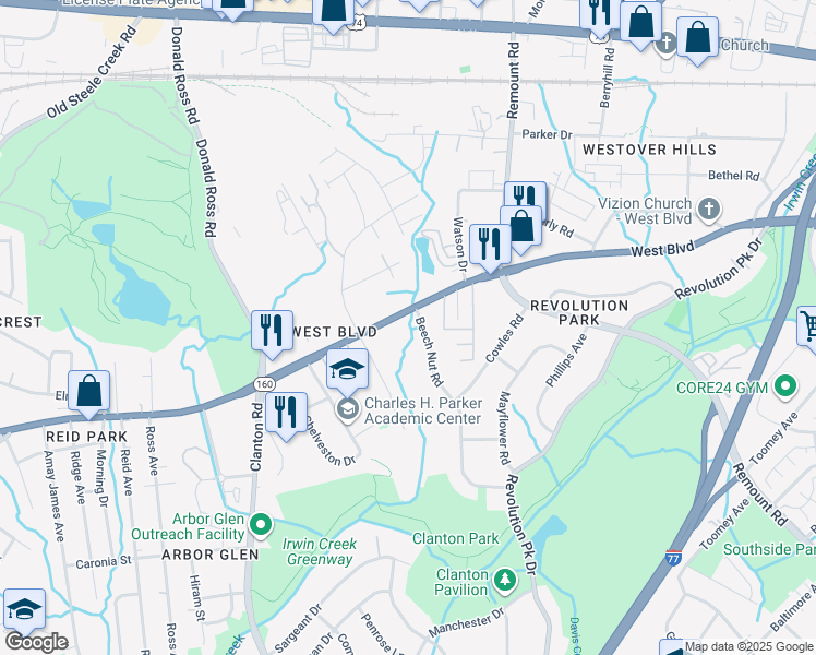 map of restaurants, bars, coffee shops, grocery stores, and more near 1829 West Boulevard in Charlotte