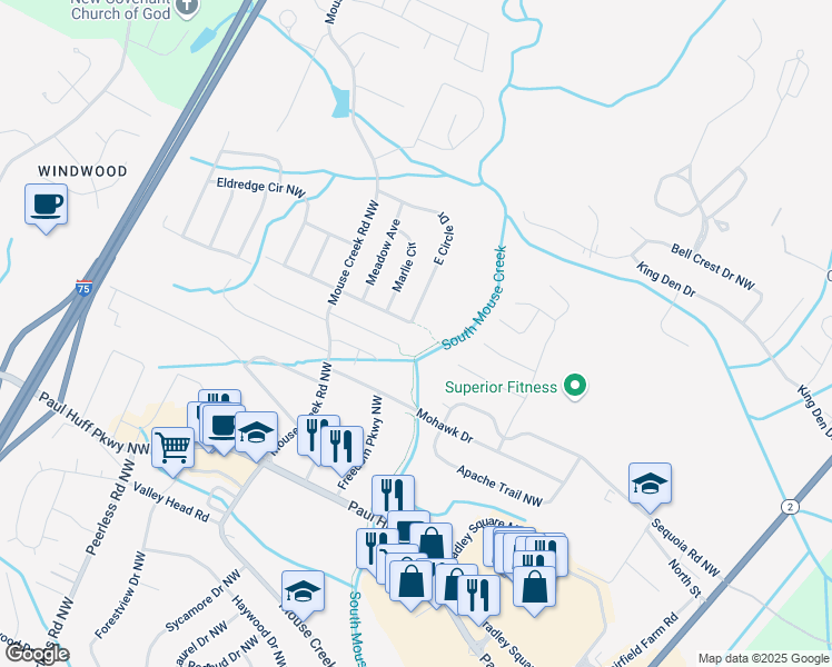 map of restaurants, bars, coffee shops, grocery stores, and more near 575 Northview Drive Northwest in Cleveland