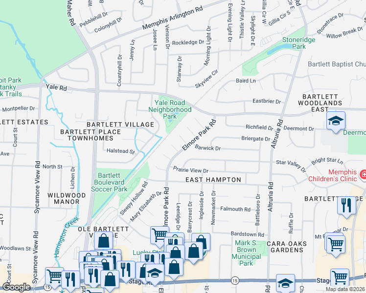 map of restaurants, bars, coffee shops, grocery stores, and more near 3225 Elmore Park Road in Bartlett
