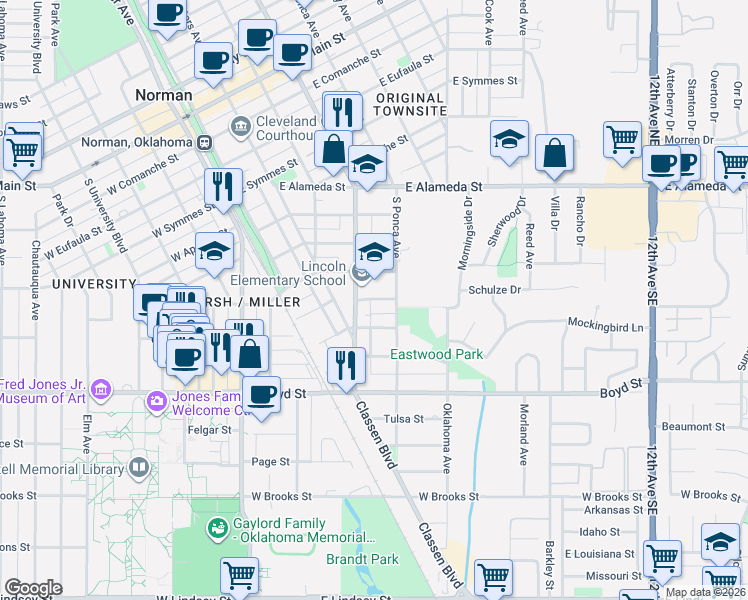 map of restaurants, bars, coffee shops, grocery stores, and more near 418 Ferrill Street in Norman