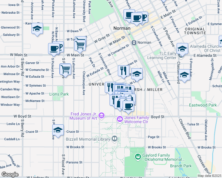 map of restaurants, bars, coffee shops, grocery stores, and more near 524-528 South University Boulevard in Norman