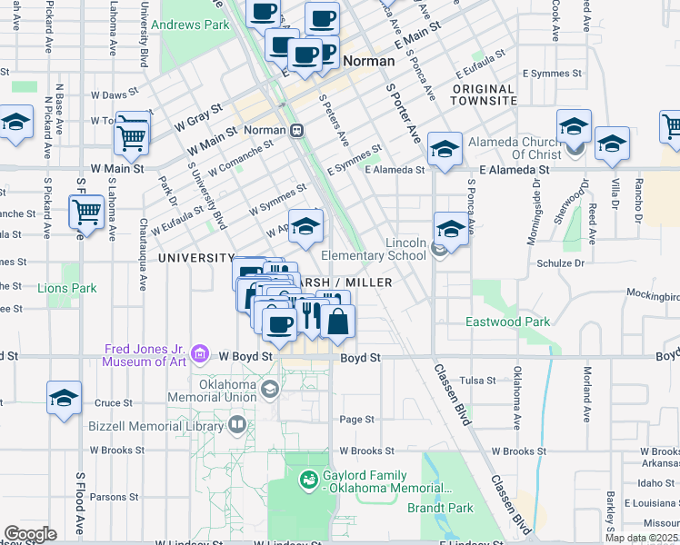 map of restaurants, bars, coffee shops, grocery stores, and more near 109 East Duffy Street in Norman