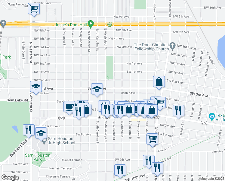 map of restaurants, bars, coffee shops, grocery stores, and more near 302 South Louisiana Street in Amarillo