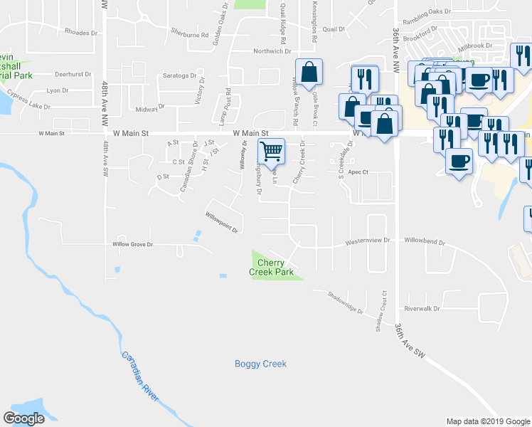 map of restaurants, bars, coffee shops, grocery stores, and more near 4105 Silverton Circle in Norman