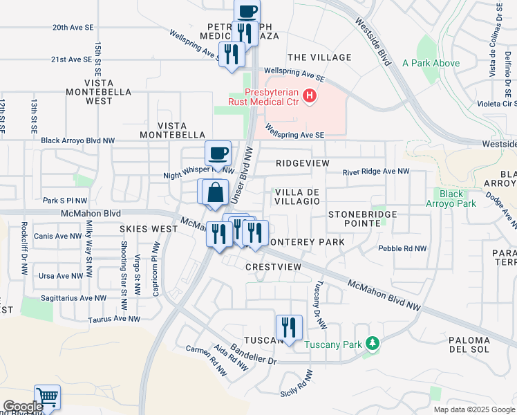 map of restaurants, bars, coffee shops, grocery stores, and more near 5704 Pinnacle Peak Court Northwest in Albuquerque
