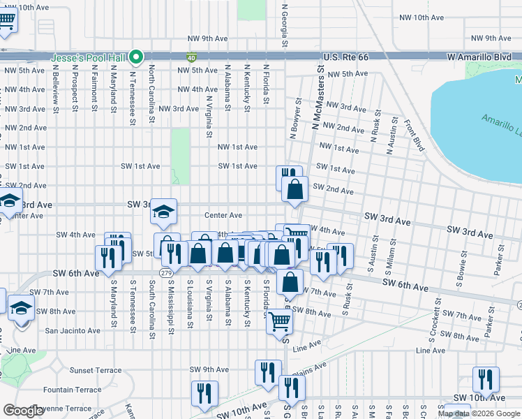 map of restaurants, bars, coffee shops, grocery stores, and more near 306 South Florida Street in Amarillo