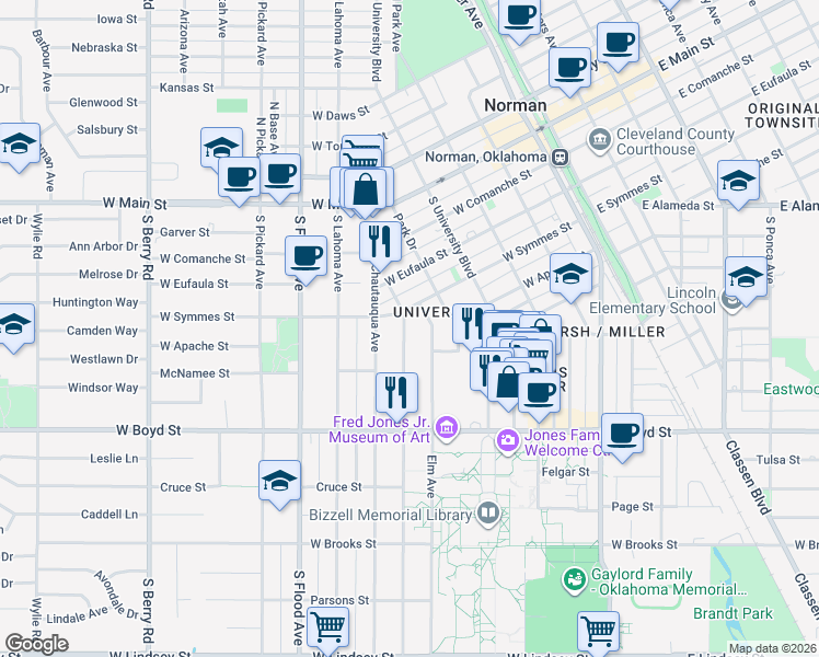 map of restaurants, bars, coffee shops, grocery stores, and more near 409 College Avenue in Norman