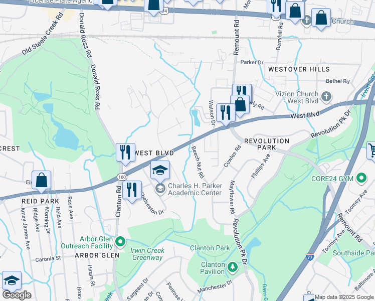 map of restaurants, bars, coffee shops, grocery stores, and more near 1829 West Boulevard in Charlotte