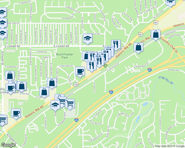 map of restaurants, bars, coffee shops, grocery stores, and more near 3404 Historic U.S. 66 in Flagstaff