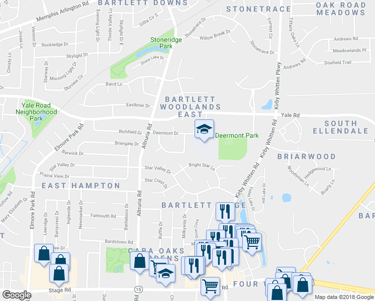 map of restaurants, bars, coffee shops, grocery stores, and more near 3256 Eastdale Lane in Bartlett