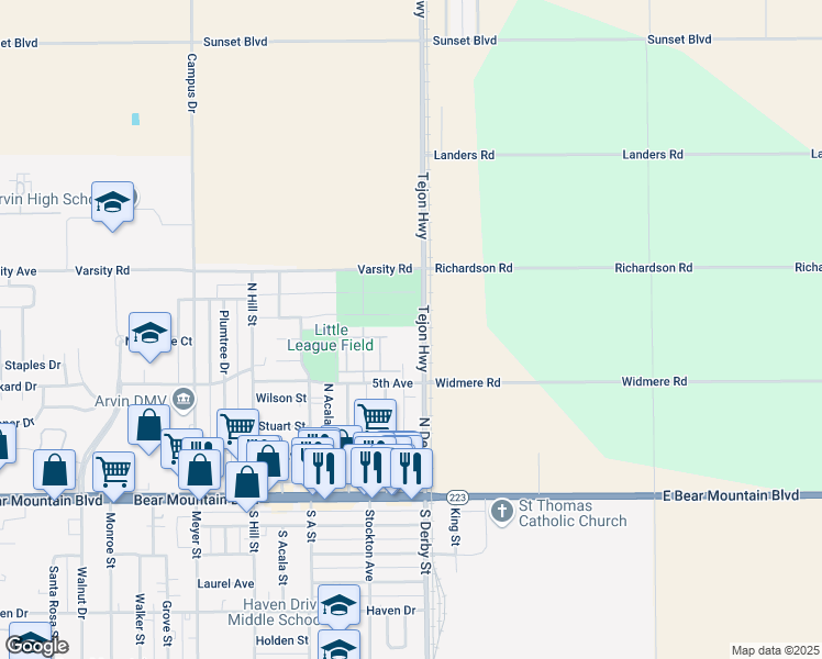map of restaurants, bars, coffee shops, grocery stores, and more near 473 Tejon Highway in Arvin